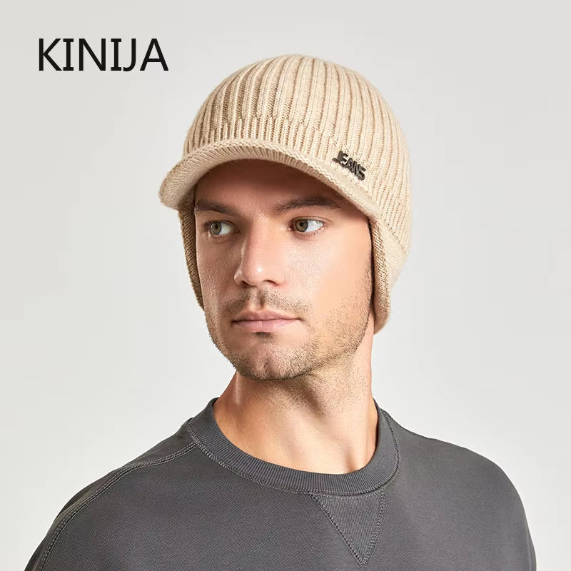 Men Winter Knitted Hat Outdoor Cycling Ear Protection Warmth Peaked Cap Casual Fashion Sunhat Bomber Skullies Beanies 55-60CM