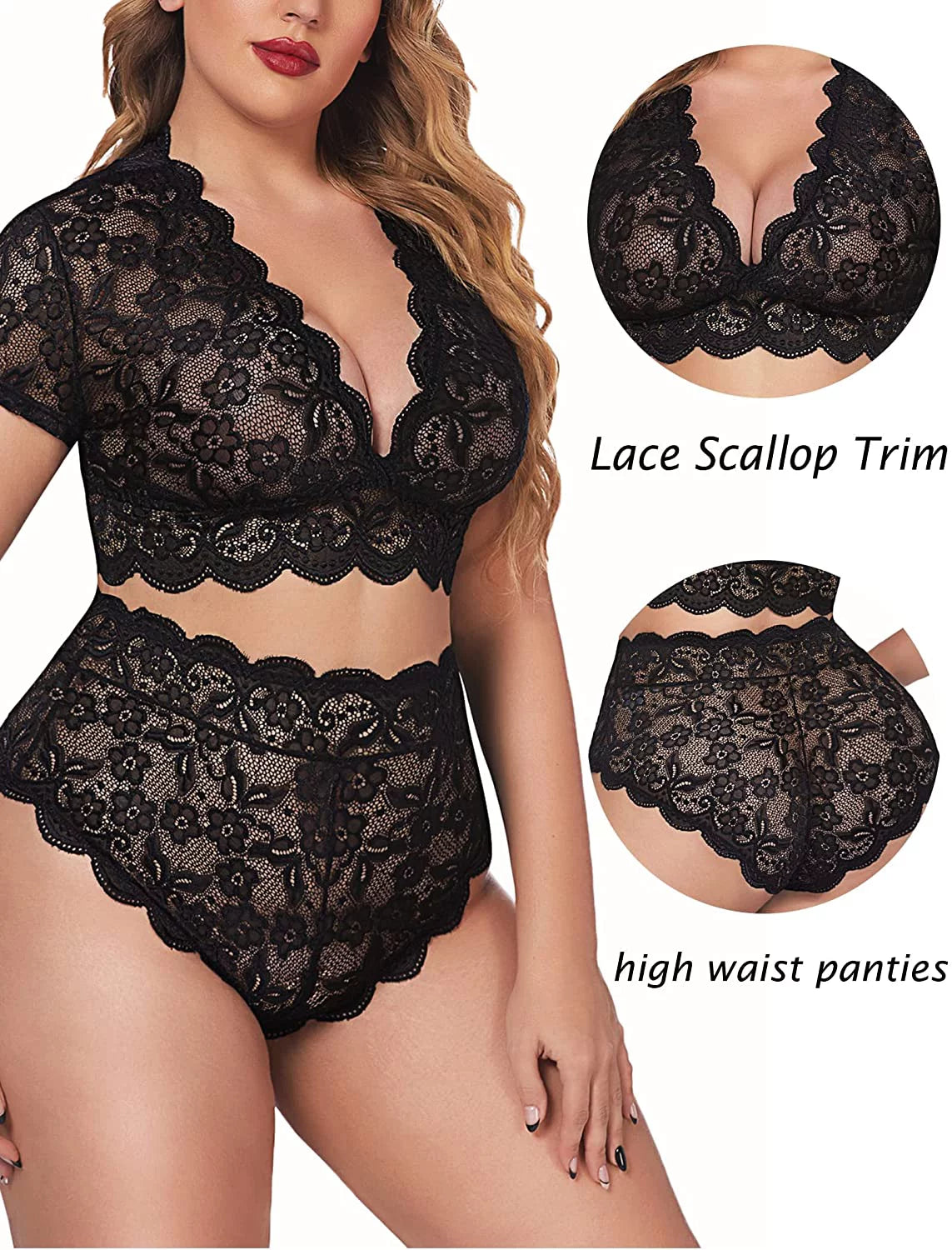 plus Size Lingerie plus Floral Lace Scallop Trim Lingerie Set Bra Panties Set(14W Black)